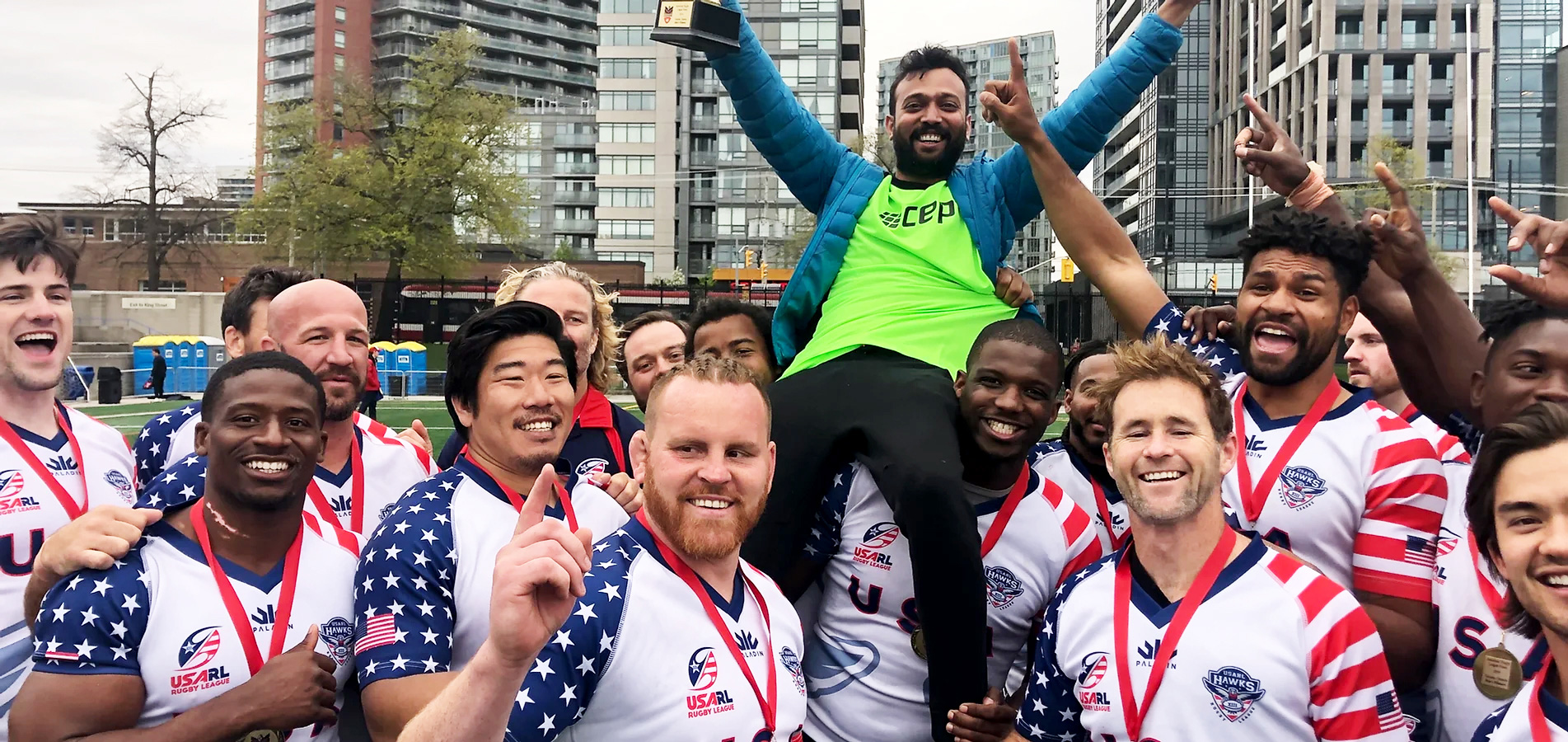 Ravi Raghuvanshi with the USARL Hawks rugby team